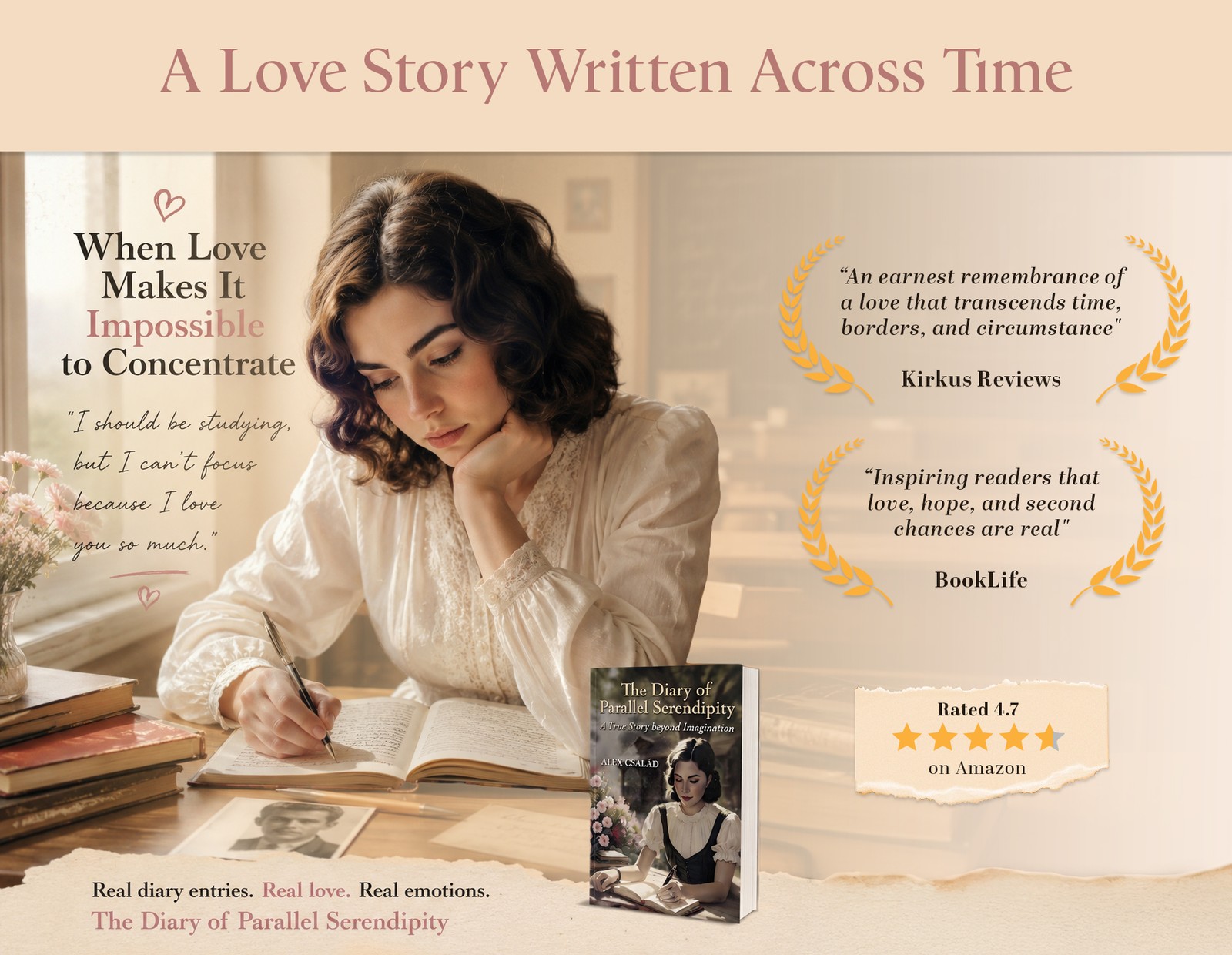 A love story written across time. Review by Kirkus Reviews: An earnest remembrance of a love that transcends time, borders, and circumstance. Review by BookLife: Inspiring readers that love, hope, and second chances are real. Rated 4.7 stars on Amazon.